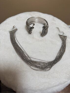 Boutique Branded Silver Stacked Bangle Bracelet Chocker Chain Necklace Women NEW